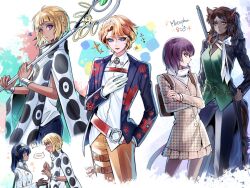 Rule 34 | 2boys, 3girls, animal ears, backpack, bag, basilio (metaphor: refantazio), bbing (kurabe juro), belt, black gloves, black hairband, blonde hair, blue eyes, blue hair, blue pants, blunt bangs, bracelet, braid, brown bag, brown dress, brown hair, brown pants, buttons, copyright name, crossed arms, dark-skinned female, dark-skinned male, dark skin, dress, eupha (metaphor: refantazio), fidelio (metaphor: refantazio), flying sweatdrops, genderswap, genderswap (ftm), genderswap (mtf), gloves, grey pantyhose, hair between eyes, hairband, hand in pocket, hand on own hip, highres, jacket, jewelry, junah (metaphor: refantazio), long hair, long sleeves, metaphor: refantazio, multiple boys, multiple girls, orange hair, pants, pantyhose, poncho, profile, protagonist (metaphor: refantazio), purple eyes, purple hair, red belt, scar, scar across eye, scar on face, shirt, short hair, tail, third eye, white gloves, white hairband, white jacket, white shirt, yellow eyes