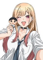1girl ;d black_choker blonde_hair blue_necktie breast_pocket breasts character_doll choker collarbone collared_shirt commentary_request doll ear_piercing earrings gojou_wakana gyaru highres holding holding_doll jewelry kitagawa_marin light_blush long_hair looking_at_viewer medium_breasts necktie one_eye_closed open_mouth piercing pink_eyes pocket school_uniform shirt simple_background smile solo sono_bisque_doll_wa_koi_wo_suru teeth upper_body upper_teeth_only white_background white_shirt ya_(zawa0410)