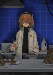 1girl a.i._voice adachi_rei android black_shirt bottle chicken_(food) chopsticks closed_mouth commentary cooking_oil expressionless feet_out_of_frame food fried_chicken fruit hair_ribbon headlamp highres holding holding_chopsticks holding_tray indoors jacket joints kitchen lemon lemon_slice long_sleeves looking_at_food medium_hair no_gloves one_side_up open_clothes open_jacket orange_eyes orange_hair pile pocche-ex radio_antenna ribbon robot_joints shadow shirt solo standing stove tile_wall tiles tray utau white_jacket white_ribbon