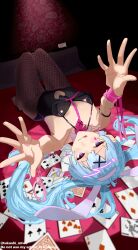 1girl absurdres animal_ears bare_shoulders black_leotard breasts card cleavage detached_collar fake_animal_ears fishnet_pantyhose fishnets hatsune_miku highres leotard long_hair pantyhose playboy_bunny rabbit_ears rabbit_hole_(vocaloid) ribbon smile teardrop_facial_mark tsukushi_miwo twintails vocaloid