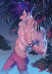 1boy aqua_eyes blue_eyes closed_mouth clothes_lift collarbone cowboy_shot galo_thymos grey_pants highres male_focus midriff navel palm_tree pants partially_submerged promare scar scar_on_arm shirt shirt_lift short_hair side_cut solo solthrys spiked_hair tree wet wet_clothes wet_shirt white_shirt