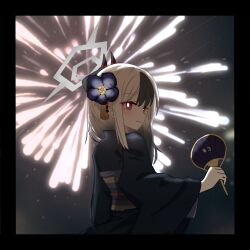 1girl 2_pycat absurdres aerial_fireworks black_hair black_horns black_kimono blue_archive bright_pupils closed_mouth fireworks flower grey_halo hair_flower hair_ornament halo highres horns japanese_clothes kayoko_(blue_archive) kayoko_(new_year)_(blue_archive) kimono long_hair long_sleeves looking_at_viewer multicolored_hair obi red_eyes sash smile solo two-tone_hair white_hair white_pupils wide_sleeves