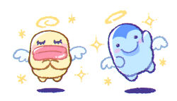 1119mna absurdres angel angel_wings blue_skin blush_stickers closed_eyes colored_skin commentary_request creature creature_focus ginjirotenshi halo highres no_humans simple_background sparkle tamagotchi tamagotchi_(classic) tamagotchi_(creature) taraten thick_lips traditional_halo waving white_background wings yellow_skin