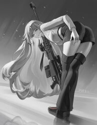 Rule 34 | 1girl, absurdres, anti-materiel rifle, arknights, ass, barrett m82, bent over, chinese commentary, commentary request, dated, full body, gloves, greyscale, gun, highres, leg warmers, lemuen (arknights), long hair, looking at viewer, monochrome, necktie, pointing, pointing at self, rifle, shirt, short shorts, shorts, single glove, smile, sniper rifle, solo, standing, tianqing zhaoxue, very long hair, weapon