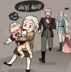 a_song_of_ice_and_fire ackerbangbang aemon_targaryen baby baelon_targaryen carrying carrying_baby carrying_person child daemon_targaryen father_and_son highres house_of_the_dragon purple_eyes rhaenys_targaryen viserys_targaryen white_hair