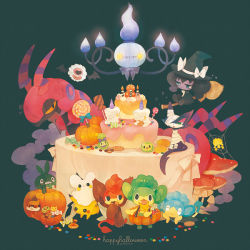bad_id bad_pixiv_id broom cake candle candy chandelier chandelure cookie copyright_name creatures_(company) emolga food game_freak gen_1_pokemon gen_5_pokemon gothorita halloween happy_halloween hat jack-o&#039;-lantern joltik litwick mushroom nintendo panpour pansage pansear patrat pechika petilil pikachu pokemon pokemon_(creature) pumpkin purrloin scolipede solosis trubbish witch woobat