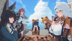 5girls anger_vein animal_ears belle_(zenless_zone_zero) black_gloves black_hair blonde_hair blue_hair blue_sky board_game bound breasts cleavage commentary cup fingerless_gloves fox_ears fox_girl glasses gloves green_eyes green_jacket highres holding holding_cup hoshimi_miyabi jacket ju_fufu large_breasts long_hair multiple_girls pink_eyes pink_hair red_eyes roro_(tpghksdlzpq) shirt short_hair sitting sky tied_up_(nonsexual) tiger_ears tiger_girl tsukishiro_yanagi white_hair white_shirt yellow_eyes yi_xuan_(zenless_zone_zero) zenless_zone_zero