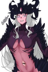 arm_behind_back arm_spikes breasts buffy_(risottosf) clothing_cutout collarbone colored_skin completely_nude crown demon_girl demon_horns elbow_spikes eye_on_belly forehead_jewel hair_over_breasts hair_over_shoulder horns large_breasts long_hair looking_at_viewer mons_pubis multicolored_skin nude pink_eyes pink_gemstone pink_skin purple_skin shoulder_spikes sidelocks simple_background slaanesh smile spiked_hips spikes two-tone_skin underboob_cutout warhammer_40k white_background yellow_eyes