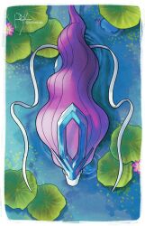border day flower from_above gen_2_pokemon highres legendary_pokemon lily_pad mixed-language_commentary nintendo no_humans outdoors pokemon pokemon_(creature) ripples rolloekaki suicune water white_border wooper