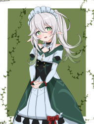 Rule 34 | 1girl, absurdres, adapted costume, blush, border, bow, commentary, cosplay, dated, dress, genshin impact, gradient hair, green background, green dress, green eyes, green hair, hair between eyes, head tilt, highres, katheryne (genshin impact), katheryne (genshin impact) (cosplay), long hair, long sleeves, looking at viewer, multicolored dress, multicolored hair, nahida (genshin impact), open mouth, outside border, owenramos39, own hands together, pointy ears, red bow, side ponytail, signature, solo, star-shaped pupils, star (symbol), symbol-shaped pupils, upper body, white border, white dress, white hair, white headdress