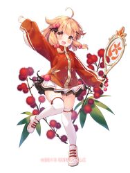 1girl :d blush brown_eyes brown_hair chinese_clothes flower flower_knight_girl full_body hair_bobbles hair_flaps hair_ornament hairclip highres hima_(flower_knight_girl) holding jacket long_hair long_sleeves looking_at_viewer miniskirt name_connection object_namesake official_art open_mouth pleated_skirt puffy_long_sleeves puffy_sleeves red_flower red_jacket shoes simple_background skirt sleeves_past_wrists smile solo standing standing_on_one_leg thighhighs umeko_machi white_background white_shoes white_skirt white_thighhighs
