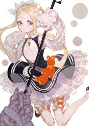 1girl abigail_williams_(fate) abigail_williams_(festival_outfit)_(fate) absurdres black_dress blonde_hair bloomers blue_eyes collared_shirt dress fate/grand_order fate_(series) flat_chest frilled_sleeves frills headdress high_heels highres holding holding_mop keyhole lolita_fashion long_hair looking_at_viewer maid mop official_alternate_costume parted_bangs pleated_dress pumps seika_(yuimarutoka0219) shirt simple_background skirt sleeveless sleeveless_dress sleeves_past_fingers sleeves_past_wrists smile solo tentacles underwear updo white_background white_headdress white_shirt white_skirt