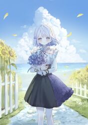Rule 34 | 1girl, bell, black corset, black skirt, blue eyes, blue hair, blue sky, blush, bouquet, buttons, center frills, closed mouth, cloud, collared shirt, commentary request, commission, corset, cross-laced clothes, cumulonimbus cloud, day, falling petals, feet out of frame, fence, fingerless gloves, floating hair, flower, frilled gloves, frilled shirt, frilled shirt collar, frilled skirt, frills, gloves, hair flower, hair ornament, half-skirt, holding, holding bouquet, horizon, inaba 0717, indie virtual youtuber, layered skirt, leaf hair ornament, light particles, looking at viewer, medium skirt, neck bell, ocean, outdoors, parted bangs, path, petals, picket fence, purple flower, purple skirt, road, second-party source, shirt, short hair, sidelocks, skeb commission, skirt, sky, sleeveless, sleeveless shirt, smile, solo, standing, sunflower, sunlight, tsurigane fuuri, virtual youtuber, water, white fence, white gloves, wind, wing collar, wooden fence, yellow flower, yellow petals