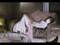 1girl black_hair couch dress gown highres indoors isolde_(reverse:1999) long_hair lying on_back on_couch reverse:1999 sakelilac