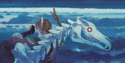 Rule 34 | 1boy, animal skeleton, arm guards, arm up, belt, blonde hair, blue eyes, cloud, cloudy sky, feather hair ornament, feathers, from side, fur trim, hair ornament, link, looking to the side, mountainous horizon, nintendo, pointy ears, red eyes, red tunic, sky, snowquill set (zelda), stalhorse, standing, starstruckdon, teeth, the legend of zelda, the legend of zelda: tears of the kingdom, tunic, yellow pupils