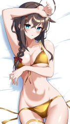 1girl absurdres ahoge arm_up armpits bikini black_hair blue_eyes blush braid breasts brown_hair front-tie_bikini_top front-tie_top gold_bikini golden_week hair_between_eyes hair_flaps hair_ornament hair_over_breasts hair_over_shoulder hairclip highres kantai_collection large_breasts long_hair looking_at_viewer lying navel shiba_(zudha) shigure_(kancolle) shigure_kai_san_(kancolle) side-tie_bikini_bottom single_braid solo swimsuit tie_bikini_bottom untied_bikini