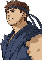 1boy absurdres angry bengus black_headband brown_eyes brown_hair clenched_teeth dark_persona dougi evil_ryu game_cg headband highres male_focus muscular non-web_source official_art open_mouth ryu_(street_fighter) short_hair simple_background solo street_fighter street_fighter_zero_(series) teeth v-shaped_eyebrows white_background