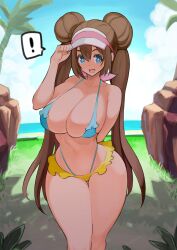 1girl absurdres alternate_costume bare_shoulders beach bikini blue_bikini blue_eyes blush breasts brown_hair cleavage donut_hair_bun double_bun hair_bun highres large_breasts long_hair looking_at_viewer micro_bikini nac000 navel nintendo open_mouth palm_tree pokemon pokemon_bw2 rosa_(pokemon) skirt smile solo stomach swimsuit thighs tree twintails visor_cap yellow_skirt