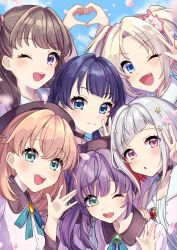6+girls absurdres asymmetrical_bangs beret blonde_hair blue_eyes blue_hair blush brown_choker brown_hair brown_headwear choker closed_mouth colored_inner_hair commentary_request fang fujishima_megumi green_eyes grey_hair hat heart heart_hands heart_hands_duo highres hinoshita_kaho kyaku_tasu link!_like!_love_live! long_hair looking_at_viewer love_live! medium_hair multicolored_hair multiple_girls murano_sayaka one_eye_closed open_mouth orange_hair osawa_rurino otomune_kozue parted_lips pink_eyes purple_eyes purple_hair red_hair short_hair streaked_hair twintails upper_body v w yugiri_tsuzuri