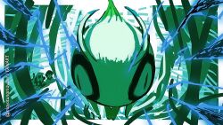 antennae artist_name ash_ketchum celebi colored_skin dark_persona electricity fisheye floating gen_2_pokemon green_skin green_theme legendary_pokemon levitation mayotsunamayo mythical_pokemon nintendo plant pokemon pokemon_(anime) pokemon_(classic_anime) pokemon_4ever_-_celebi:_the_voice_of_the_forest samuel_oak sketch slit_pupils solo_focus vines wall-eyed