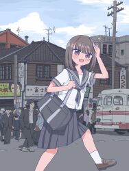 1975 bag black_jacket black_pants blue_hat blue_jacket blue_pants blush brown_footwear building bus cityscape collarbone crowd grey_bag grey_hair grey_neckerchief grey_sailor_collar grey_skirt hand_on_own_head hands_in_pockets hat highres hiyohiyomi holding holding_bag jacket loafers long_hair looking_at_viewer medium_hair motor_vehicle multiple_boys multiple_girls neckerchief open_clothes open_jacket open_mouth original pants plaid_clothes pleated_skirt ponytail radio_antenna red_scarf road road_sign sailor_collar scarf school_uniform serafuku shirt shoes short_hair shoulder_bag sign skirt socks solo_focus sparkle street utility_pole walking white_shirt white_socks