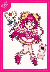 Rule 34 | 1girl, animal print, back bow, boots, border, bow, bowtie, butterfly earrings, butterfly hair ornament, butterfly print, cellphone, clenched hand, coco (yes! precure 5), cropped shirt, cure dream, deformed, dot nose, dotted line, dress, earrings, eyelashes, flip phone, frilled skirt, frilled sleeves, frills, full body, green brooch, grid background, hair ornament, hair rings, happy, high heel boots, high heels, highres, jewelry, kneehighs, light blush, long hair, looking at viewer, magical girl, midriff, miniskirt, open mouth, outline, outstretched arm, phone, pink boots, pink border, pink bow, pink bowtie, pink eyes, pink hair, precure, purple shorts, shirt, short dress, shorts, shorts under skirt, skirt, skirt set, smile, socks, standing, swept bangs, tareme, uwded 207, very long hair, watch, white arm warmers, white background, white outline, white shirt, white skirt, white socks, wristwatch, yes! precure 5, yes! precure 5 gogo!, yumehara nozomi