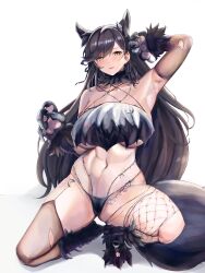 1girl absurdres amagasa_hitomi animal_costume animal_ears animal_hands arm_up armpits atago_(azur_lane) atago_(full_moon&#039;s_feral_wolf)_(azur_lane) azur_lane black_hair breasts dog_ears extra_ears fishnet_thighhighs fishnets full_body fur_bikini gloves highres kneeling large_breasts mismatched_thighhighs mole mole_under_eye official_alternate_costume paw_gloves paw_shoes ribbon single_fishnet_legwear solo swept_bangs thighhighs torn_clothes torn_thighhighs werewolf_costume white_ribbon wolf_costume