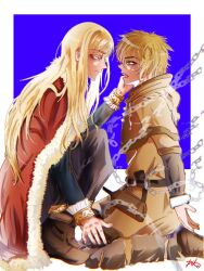 2boys artist_name belt blonde_hair blood blue_eyes boots brown_eyes buckle canute cape chain chained closed_mouth eyelashes face-to-face finger_in_another&#039;s_mouth fur_trim hand_on_another&#039;s_leg kneeling long_hair looking_at_another male_focus messy_hair multiple_boys open_mouth pika_(pikapinku) prince prisoner profile red_cape sitting teeth thorfinn viking vinland_saga