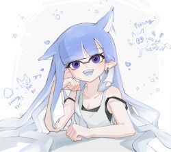 Rule 34 | 1girl, absurdres, animal ears, arrow (symbol), blue hair, breasts, chu u0spl, cleavage, collarbone, earrings, eyelashes, fox ears, heart, highres, hoop earrings, inkling, inkling girl, inkling player character, jewelry, long hair, looking at viewer, motion lines, nintendo, open mouth, pointy ears, purple eyes, single earring, smile, solo, splatoon (series), splatoon 3, star (symbol), tentacle hair