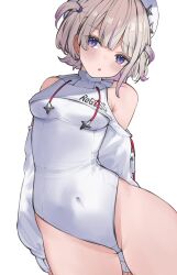 1girl appleseed_(appleseed_art) beret blonde_hair breasts clothing_cutout commentary_request covered_navel cowboy_shot drawstring hat highres hololive hololive_dev_is leotard leotard_under_clothes long_sleeves looking_at_viewer multicolored_hair official_alternate_costume open_mouth purple_eyes purple_hair short_hair shoulder_cutout shrug_(clothing) simple_background small_breasts solo streaked_hair todoroki_hajime todoroki_hajime_(regloss_uniform) two_side_up virtual_youtuber white_background white_hat white_leotard white_shrug