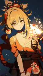 1girl absurdres ai_dongdong breast_tattoo breasts chest_sarashi closed_mouth collarbone comb commentary_request fireworks genshin_impact hair_ornament highres holding holding_fireworks japanese_clothes kimono leaning_forward looking_at_viewer medium_breasts nail_polish orange_eyes orange_hair orange_kimono red_eyes red_nails sarashi short_hair smile solo sparkler split_mouth tattoo yoimiya_(genshin_impact)