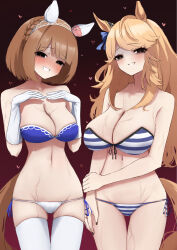 2girls alternate_costume blonde_hair braid breasts brown_hair cleavage collarbone commentary_request gloves gold_city_(umamusume) grin groin hairband hatinanasan8787 heart heart-shaped_pupils highres horse_girl large_breasts long_hair looking_at_viewer medium_breasts medium_hair multiple_girls navel simple_background smile sweat swimsuit symbol-shaped_pupils umamusume yandere yukino_bijin_(umamusume)