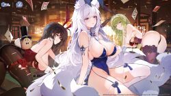 Rule 34 | 3girls, absurdres, alcohol, animal ears, ass, azur lane, bare shoulders, black hair, black pantyhose, blue leotard, breasts, closed mouth, cup, drinking glass, fake animal ears, fox ears, fox girl, from behind, garter straps, glass, green hair, highres, holding, holding cup, kawa683, large breasts, leotard, long hair, looking at viewer, looking back, manjuu (azur lane), multiple girls, napoli (azur lane), napoli (dreamy night) (azur lane), official art, pantyhose, parted lips, playboy bunny, purple thighhighs, rabbit ears, red leotard, red wine, second-party source, shinano (azur lane), shinano (visions of fantasy) (azur lane), smile, taihou (azur lane), taihou (fun on the baize) (azur lane), thighhighs, tongue, tongue out, torn clothes, torn pantyhose, very long hair, white hair, white thighhighs, white wrist cuffs, wine, wine glass, wrist cuffs
