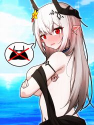 1girl arknights armlet blush breasts covering_breasts covering_privates crossed_arms day embarrassed from_side full-face_blush highres horns jewelry long_hair looking_at_viewer looking_to_the_side manli mudrock_(arknights) mudrock_(silent_night)_(arknights) official_alternate_costume open_mouth outdoors pointy_ears red_eyes sarong solo sparkle speech_bubble spoken_object tattoo topless_female upper_body very_long_hair water white_hair