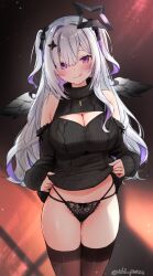 1girl :q amane_konata angel angel_wings aran_sweater asymmetrical_bangs black_hair black_halo black_panties black_sweater black_wings breasts cable_knit cleavage cleavage_cutout clothes_lift clothing_cutout colored_inner_hair commentary_request dress ex_idol feathered_wings gradient_wings grey_hair hair_over_one_eye halo highres hololive lace lace_panties large_breasts long_hair long_sleeves looking_at_viewer meme_attire mini_wings multi-strapped_panties multicolored_hair multicolored_wings open-chest_sweater panties purple_eyes purple_hair ribbed_sweater shoulder_cutout single_hair_intake solo star_halo straight-on streaked_hair sweater sweater_dress sweater_lift tongue tongue_out turtleneck turtleneck_sweater underwear virtual_youtuber white_wings wings