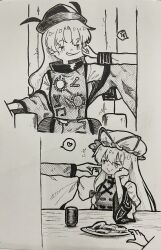 2girls absurdres anger_vein bow cheek_pinching cheek_poking closed_mouth commentary_request constellation_print cup detached_sleeves dress food food_theft gap_(touhou) greyscale hair_bow hand_on_own_cheek hand_on_own_face hat hat_ribbon heart highres long_hair long_sleeves matara_okina mob_cap monochrome multiple_girls open_mouth pinching plate poking ribbon senbei sitting skirt smile spoken_anger_vein spoken_heart sun_print suteruko tabard touhou traditional_media very_long_hair wide_sleeves yakumo_yukari yunomi