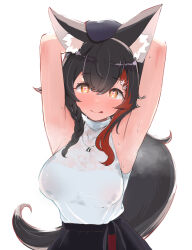 1girl :p animal_ear_fluff animal_ears armpits arms_behind_head arms_up beret black_hair black_hat black_skirt blush braid breasts brown_eyes closed_mouth commentary_request hair_ornament hairclip halter_shirt halterneck hat heart heart-shaped_pupils highres hololive kani_bonara large_breasts long_hair looking_ahead looking_at_viewer low_ponytail multicolored_hair official_alternate_costume official_alternate_hairstyle ookami_mio ookami_mio_(street) orange_eyes ponytail red_hair shirt shirt_tucked_in side_braid simple_background single_braid skirt sleeveless sleeveless_shirt smile solo steaming_body streaked_hair sweat sweaty_clothes symbol-shaped_pupils tongue tongue_out upper_body very_long_hair very_sweaty virtual_youtuber wet wet_clothes wet_shirt white_background white_shirt wide_ponytail wolf_ears wolf_girl yellow_eyes
