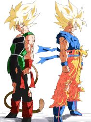Rule 34 | 2boys, bardock, black bodysuit, blonde hair, blue shirt, bodysuit, brown tail, dougi, dragon ball, dragonball z, father and son, from side, full body, green eyes, highres, male focus, medium hair, monkey tail, multiple boys, muscular, muscular male, orange pants, orange shirt, pants, pato007711, profile, saiyan armor, shirt, simple background, son goku, spiked hair, super saiyan, super saiyan 1, tail, torn bodysuit, torn clothes, torn pants, torn shirt, trait connection, white background