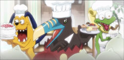Rule 34 | beak, bird, digimon, digimon (creature), digimon xros wars, dog, dogmon, frog, gekomon, screencap, sharp teeth, teeth, tocanmon