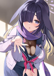 1girl animal_ears arm_support blonde_hair blowing_kiss blue_archive blush breasts cleavage hair_over_one_eye halo highres large_breasts leaning_forward long_hair long_sleeves lop_rabbit_ears multicolored_hair open_mouth oryo_(oryo04) purple_eyes purple_hair purple_halo purple_scarf rabbit_ears scarf school_uniform see-through_clothes see-through_cleavage see-through_shirt serafuku solo tsukuyo_(blue_archive) two-tone_hair