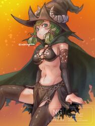 1girl cloak fake_horns fingernails folded_hair green_cloak hat horned_hat horned_headwear horns long_fingernails momongame_17 o-ring_strap unicorn_overlord witch witch_hat yahna_(unicorn_overlord)