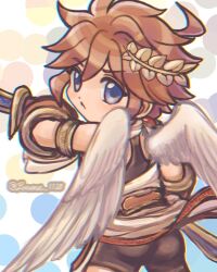 1boy ahoge angel angel_wings armlet bike_shorts black_undershirt blue_eyes bracer brown_hair closed_mouth cowboy_shot feathered_wings gold_armlet holding holding_sword holding_weapon jewelry kid_icarus kid_icarus_uprising laurel_crown looking_back male_focus nintendo pit_(kid_icarus) red_trim shota solo spiked_hair suruga_kanade sword twitter_username weapon white_wings wings