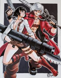 Rule 34 | 1boy, 1girl, bike shorts, black gloves, black hair, boots, brown gloves, coat, commission, dante (devil may cry), dated, devil may cry, devil may cry (series), devil may cry 3, ebony &amp; ivory, fingerless gloves, gloves, gun, heterochromia, highres, holding, holding gun, holding rocket launcher, holding sword, holding weapon, jgeorgedrawz, kalina ann (weapon), lady (devil may cry), no shirt, rebellion (sword), red coat, rocket launcher, scar, scar on face, scar on nose, shirt, signature, sword, thigh strap, traditional media, weapon, white hair, white shirt