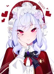 1girl absurdres ahoge black_bow black_bowtie bonnet bow bowtie center_frills character_name closed_mouth commentary english_commentary frills highres long_hair looking_at_viewer multicolored_hair pointy_ears purple_hair red_bonnet red_eyes sidelocks simple_background smile solo streaked_hair upper_body vivian_banshee voi_271 white_background zenless_zone_zero
