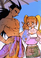 Rule 34 | 1boy, 1girl, abs, antenna hair, artist name, bare shoulders, beach umbrella, blonde hair, blue eyes, bowl, camisole, clothes around waist, cowboy shot, creature, dragon quest, dragon quest builders 2, earrings, female builder (dqb2), grey shorts, hair ribbon, hand on own hip, highres, holding, holding bowl, holding creature, hoop earrings, jewelry, long hair, low ponytail, midriff, mouyi, navel, nervous smile, orange pants, pants, pointy ears, ponytail, red eyes, red ribbon, ribbon, sample watermark, shirt, shirt around waist, shorts, sidoh (dqb2), slime (dragon quest), smile, sparkle, sweat, tongue, tongue out, topless male, twintails, umbrella, watermark, white camisole