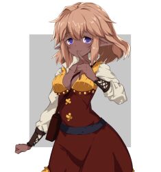 blonde_hair breasts cleavage elf highres long_sleeves looking_at_viewer mabinogi medium_breasts muiriol pointy_ears purple_eyes simple_background smile