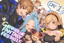 Rule 34 | 2girls, 5boys, ahoge, animal ears, bare shoulders, black jacket, black shirt, blonde hair, blowing kiss, blue hair, blush, braid, brown hair, choker, closed eyes, collarbone, commentary request, company name, copyright name, copyright notice, djeeta (granblue fantasy), dragon, draph, elsam (granblue fantasy), english text, erune, facial hair, finger heart, gran (granblue fantasy), granblue fantasy, hair intakes, hairband, heart, highres, horns, jacket, ladiva, long hair, lowain (granblue fantasy), lyria (granblue fantasy), multiple boys, multiple girls, off shoulder, official art, one eye closed, open mouth, purple hair, shirt, short hair, smile, speech bubble, tomoi (granblue fantasy), turtleneck, vyrn (granblue fantasy)