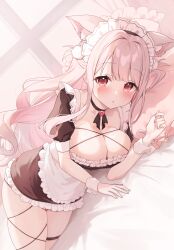 Rule 34 | 1girl, absurdres, ahoge, animal ear fluff, animal ears, apron, black dress, blush, breasts, cat ears, cat girl, cat tail, choker, cleavage, dress, grey hair, highres, indie virtual youtuber, jewelry, large breasts, long hair, looking at viewer, maid, maid apron, maid headdress, mole, mole under eye, pink eyes, short sleeves, solo, tail, thighlet, uise iu, uise iu (artist), virtual youtuber, white apron, wrist cuffs