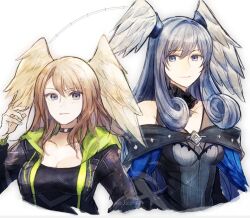 2girls black_jacket breasts brown_hair closed_mouth curly_hair eunie_(xenoblade) grey_eyes grey_hair hair_between_eyes head_wings jacket leaf_(esabacoo) long_hair medium_breasts melia_antiqua multiple_girls parted_bangs white_background wings xenoblade_chronicles_(series) xenoblade_chronicles_3