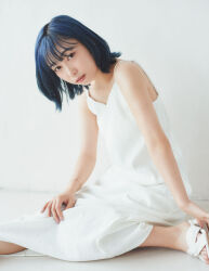 1girl blue_hair brown_eyes dress flat_chest head_tilt japanese_(nationality) kobayashi_aika lipstick looking_at_viewer makeup on_floor photo_(medium) real_life short_hair voice_actor white_dress